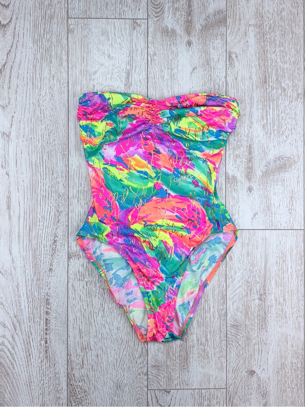 Sessa Size 10 Neon Multicolor Gold Foil Strapless Bandeau One-Piece Swimsuit
